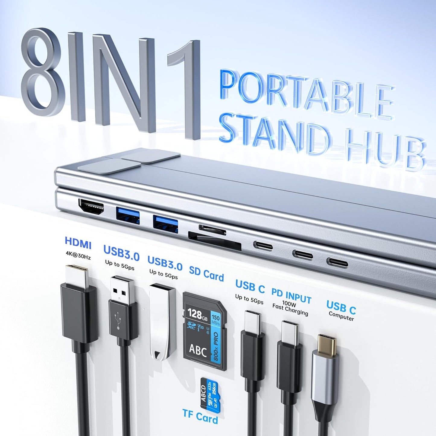 Laptop Stand with Docking Station, 8 in 1 USB C Hub HDMI Portable Laptop Stand for Desk with USB Ports, Multiport USBC Dock Stands Foldable Adjustable Computer Riser Holder Dongle for MacBook