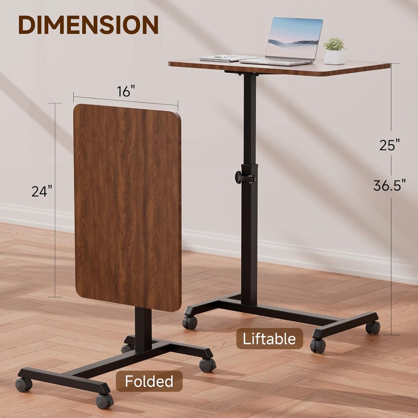 GTPLAYER Small Standing Desk, 24 Inches Foldable Mobile Rolling Laptop PC Table with Lockable Casters, Adjustable Height Overbed Bedside Table Computer Workstation for Home Office, Walnut-Foldable