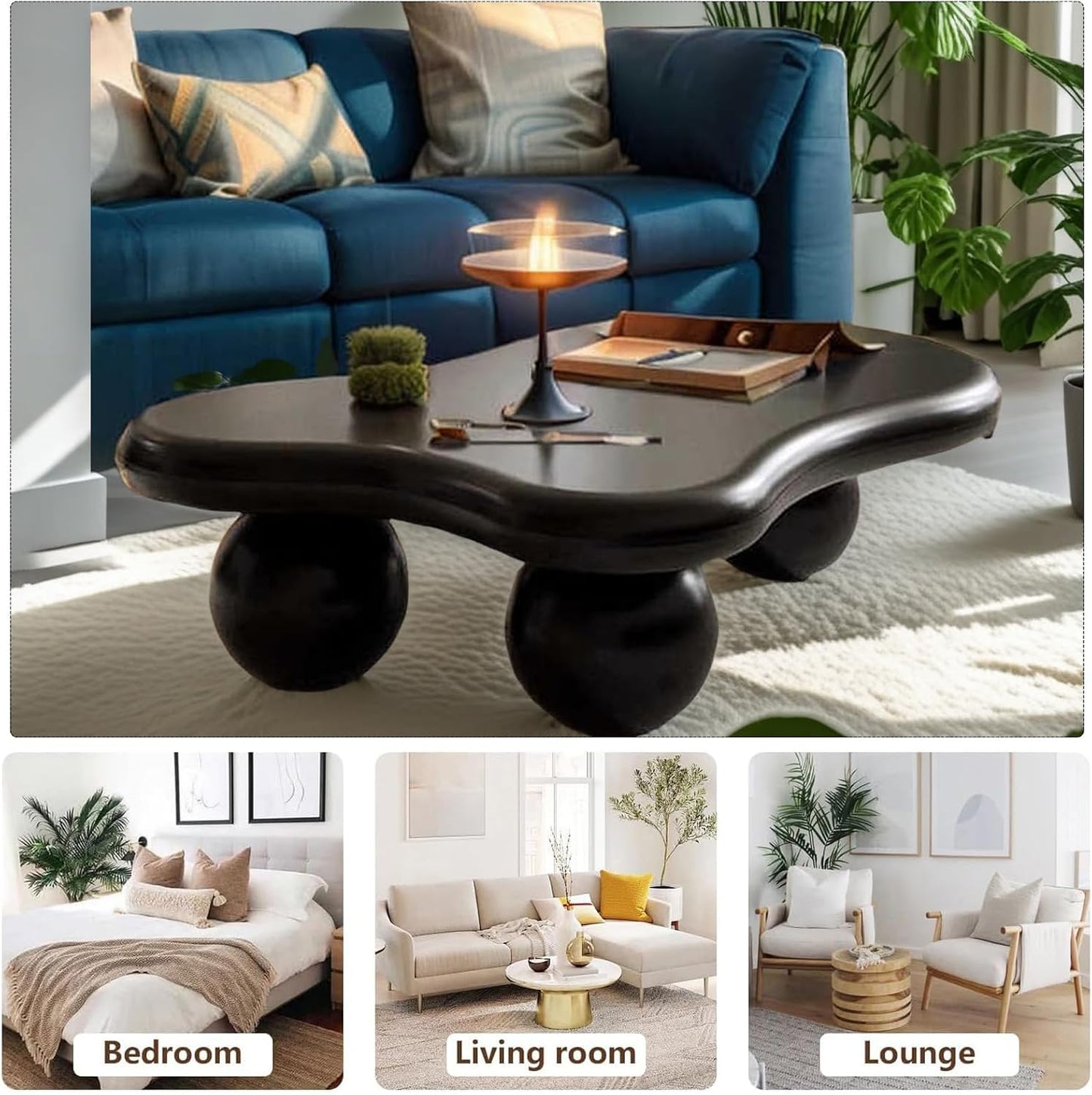 Mid Century Modern Cloud Coffee Table (F47.24in) | Irregular Cute Wooden, Industrial Center Table, Sturdy Legs, For Apartment Living Room