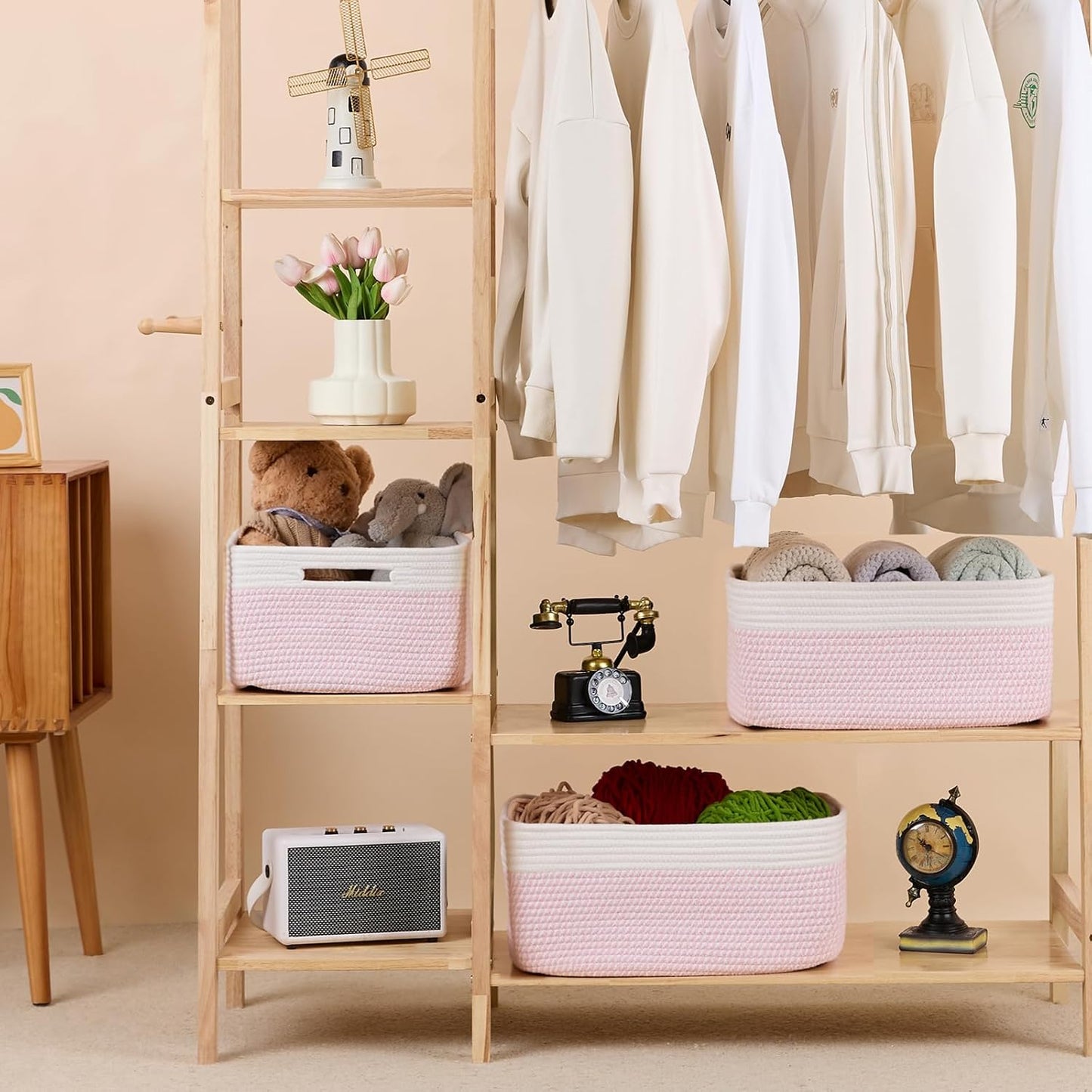 MiniArk Large Storage Baskets for Shelves, 17 x 13 x 7.5” Closet Organizers Bins for Clothes Blanket Towels, Baby Nursery, Toy Baskets Box, Woven Rope Baskets, 3 Packs Woven Pink