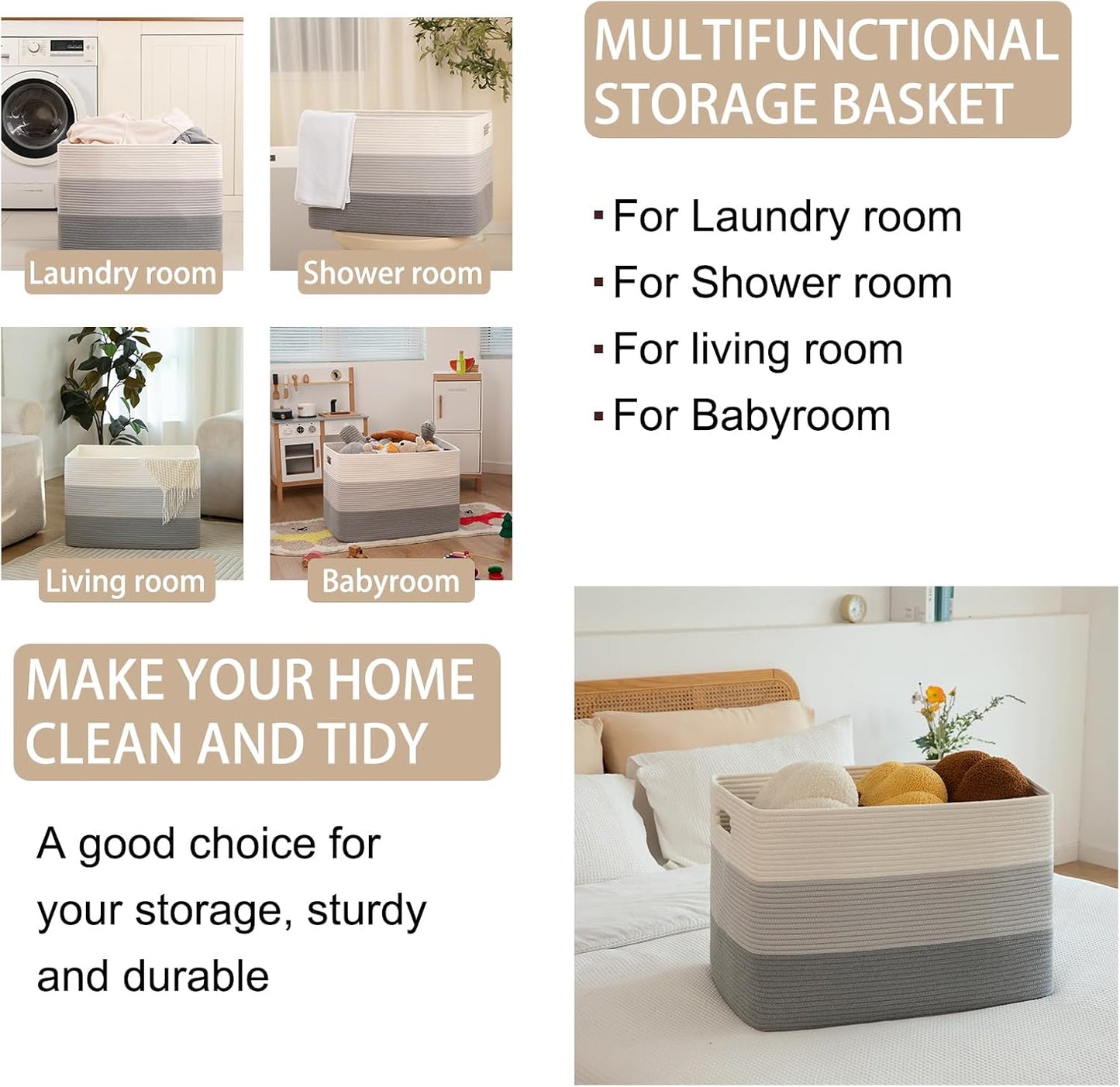 OIAHOMY Blanket Basket Laundry Basket Dog Toy Basket 108L Gradient Grey | Large Storage Basket,Baby Basket,Toy Storage,Woven Rope Basket for Blankets,Blanket Storage for Living Room
