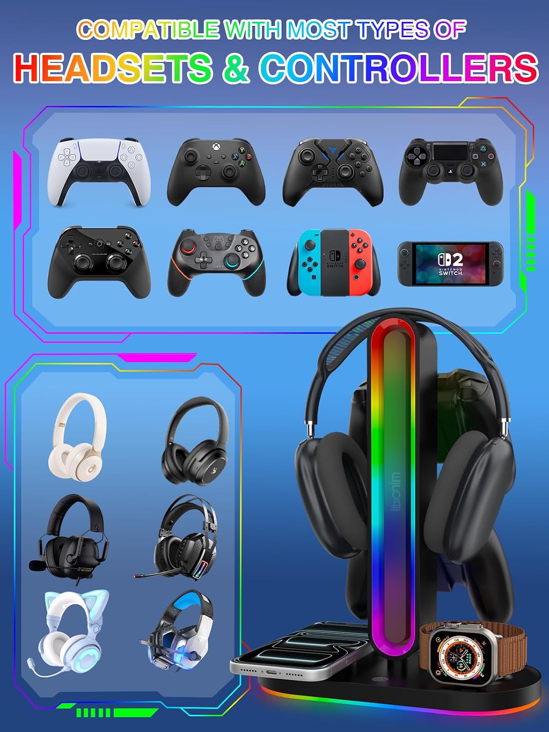 RGB Headset Stand with Wireless Charger, 8-in-1 Charging Station for iPhone, Samsung, Apple Watch Type-C/USB Ports, Gaming Headphone & Controllers Holder, Organizer for Desk Includes 20W PD Adapter