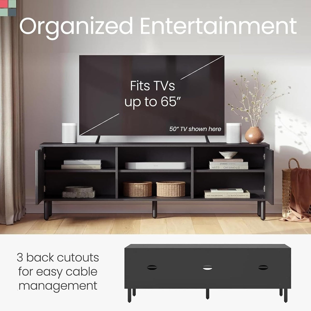 Stead Fluted Wood TV Stand - Soft-Close Doors & Adjustable Shelves TV Console with Storage - Cable Management Entertainment Center - Fluted Doors Hide Components Media Stand - Black, 70