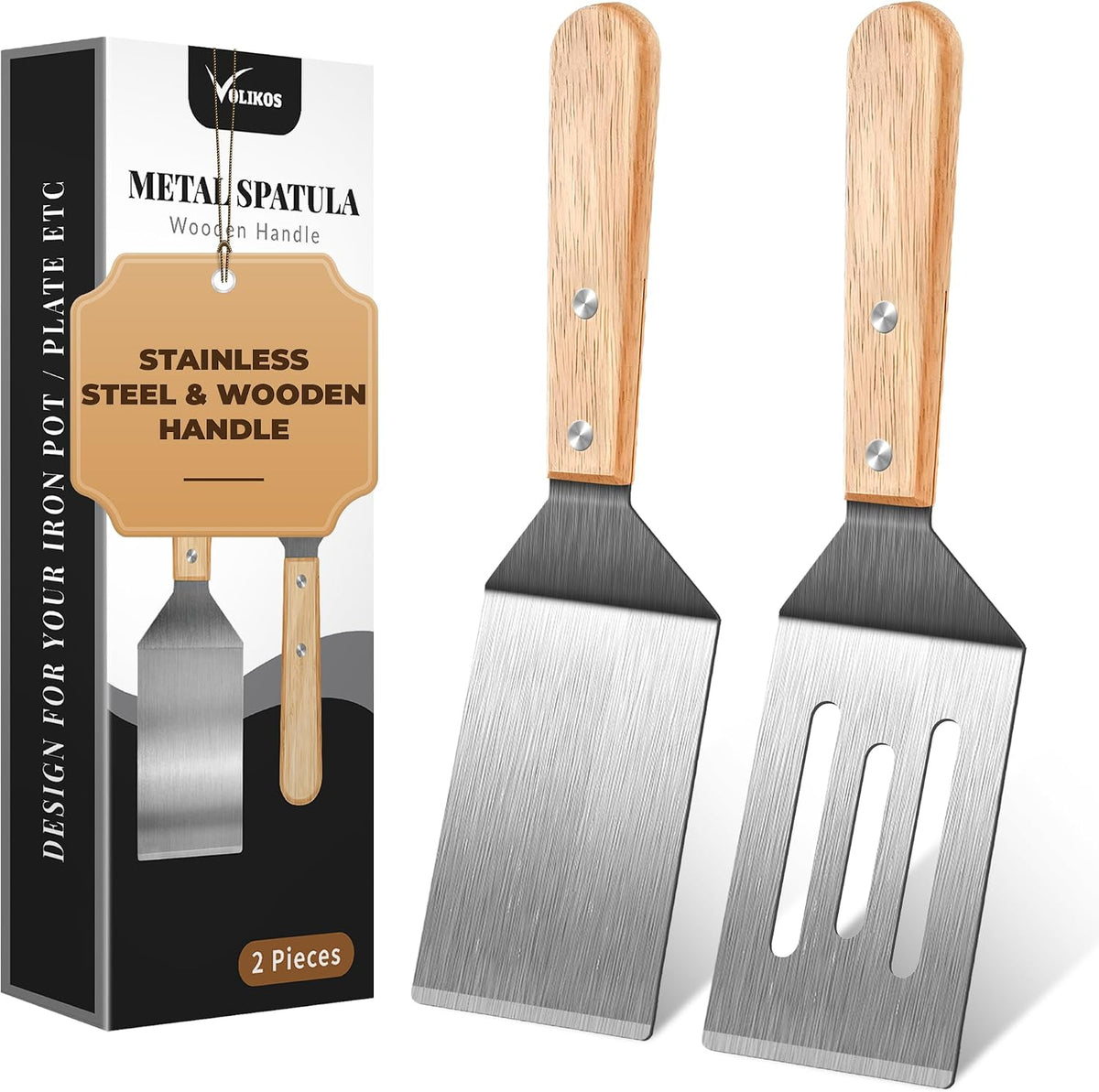 Stainless Steel Spatula Set, 2 pcs for Cast Iron Skillet with Wooden Handle