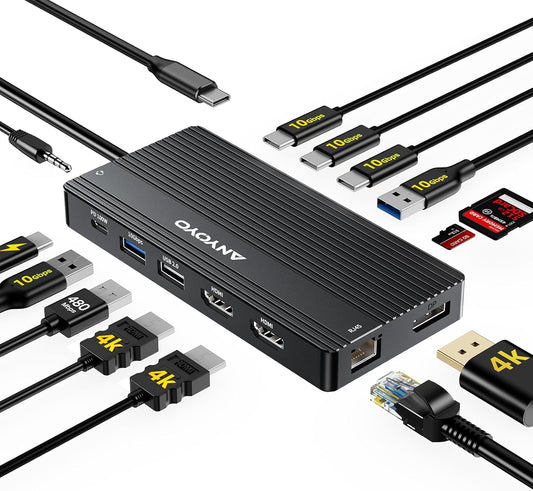 USB C Docking Station Dual Monitor, 14 in 1 Docking Station 3 Monitors with 2 * 4K HDMI, DP, 5*USB-A/C 10Gbps Ports, Ethernet, SD/TF,100W PD, Hub Multiport Adapter for HP/Dell/Lenovo