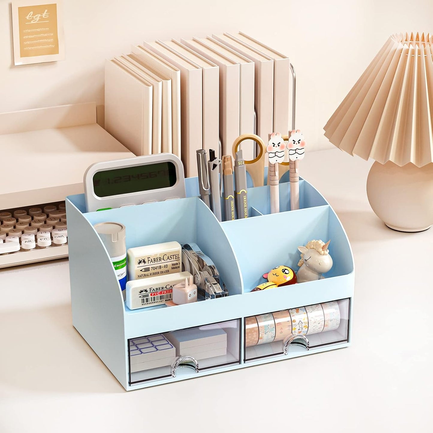COMFYROOM Desk Organizer with 6 Compartments and 2 Drawers, Plastic Makeup Organizer, Pen Holder for Desktop Storage, Desk Organization for School, Home, Office Supplies (Blue)