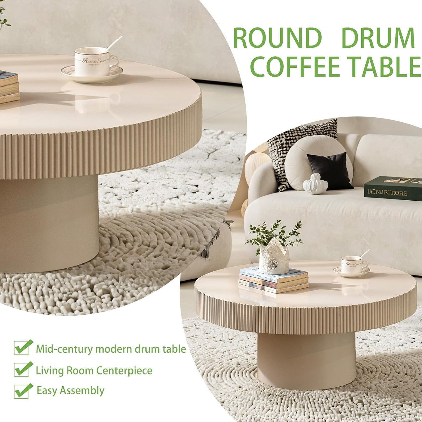 Handmade Wooden Drum Coffee Table (A White 30.7in) | Elegant Round Fluted Wood Coffee Tables, Rustic Modern Circular Centerpiece for Living Room & Farmhouse Decor