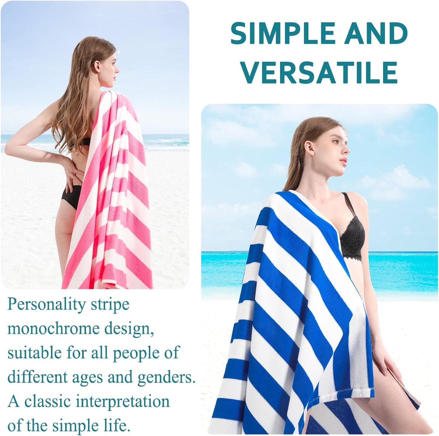 4 Packs Oversized Stripe Beach Towel Thin Terry Set for Women Men 72X40 In Absorbent Big Extra Large XL Clearance Travel FamiliesTowels Accessories Essentials Adults Gift Blue Pink Yellow Green