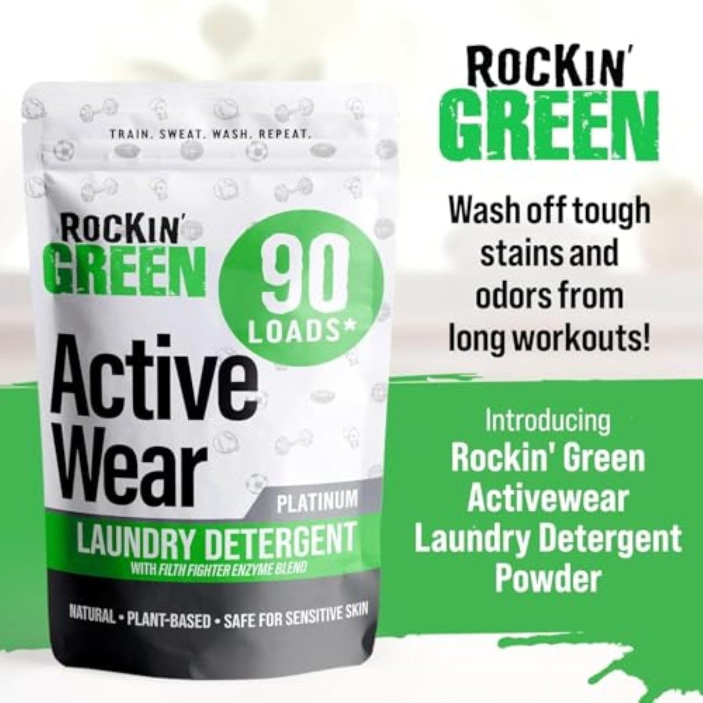 Rockin’ Green Active Wear Laundry Detergent - Unscented Laundry Detergent Powder & Odor Eliminator - Workout Clothes & Sportswear - Safe for Sensitive Skin - 90 Loads