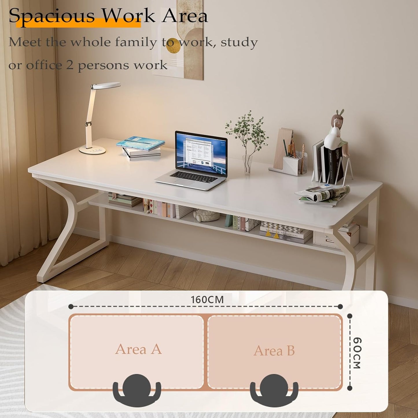 OSCHF Extra Long Desk with Bookshelf - 63" Double Long Writing Table for 2-Person Workstation, Modern Study Work Computer Desk for Home and Office, Warm White