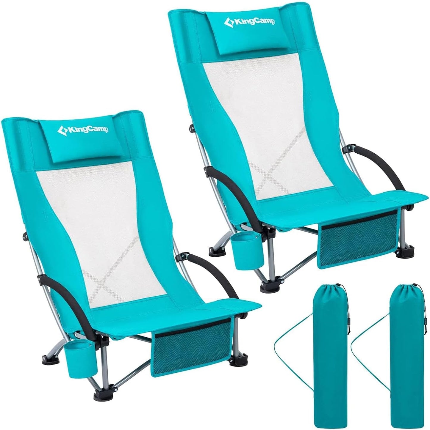 KingCamp Low Beach Chair, High Back Folding Camping Chair for Adults, Oversized Breathable Mesh Seat, 300lbs Heavy Duty Portable Chair with Cup Holder & Storage Pockets for Beach, Outdoor