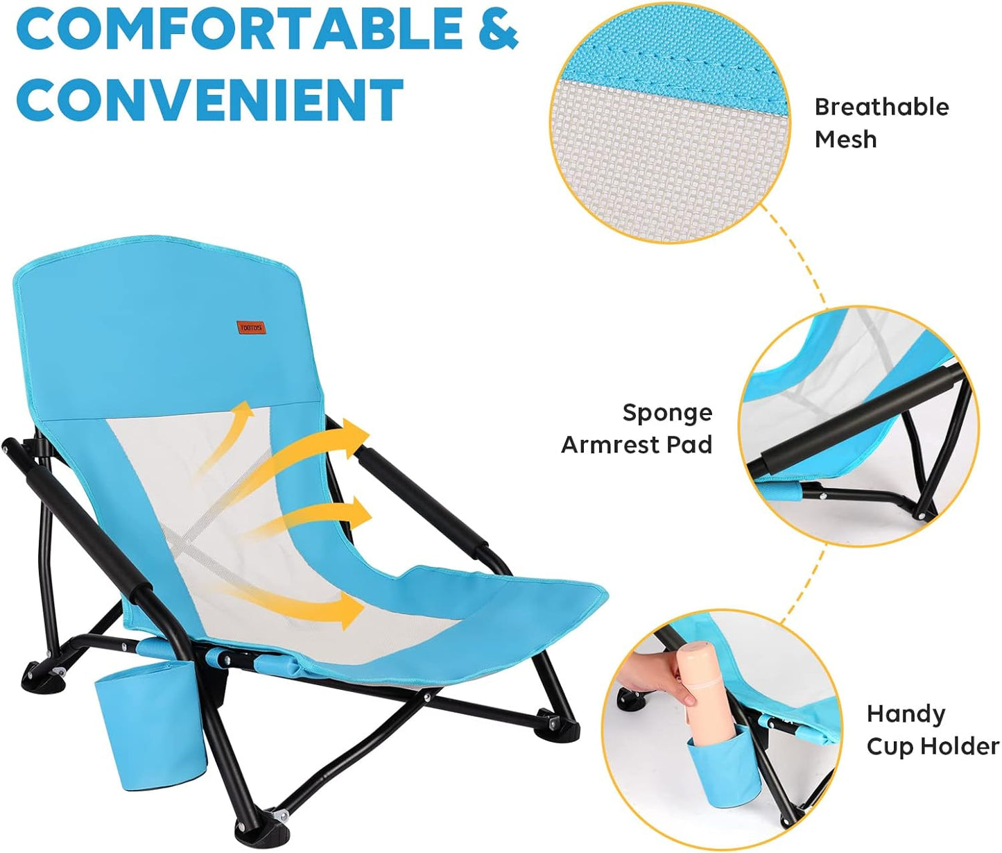 TOBTOS Low Beach Chair for Adults 2 Pack, Low Profile Folding with Cup Holder & Carry Bag, Heavy Duty Chair for Outdoor Sand, Camping, Concert, Travel