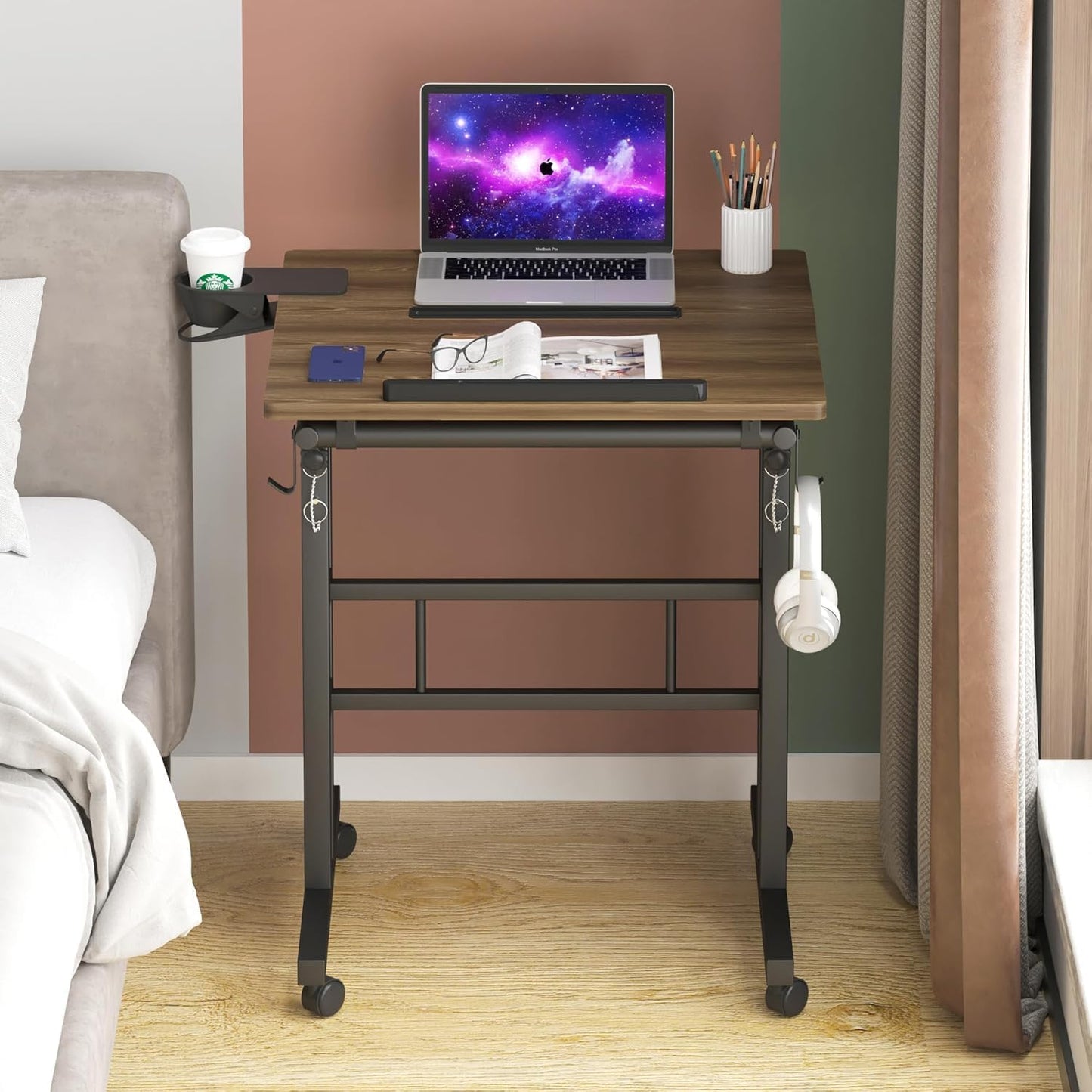Klvied Stand Up Desk on Wheels, Portable Computer Desk for Home Office,Rolling Desk for Laptop with Removable Cup Holder, Adjustable Laptop Cart for Standing or Sitting,Raffia