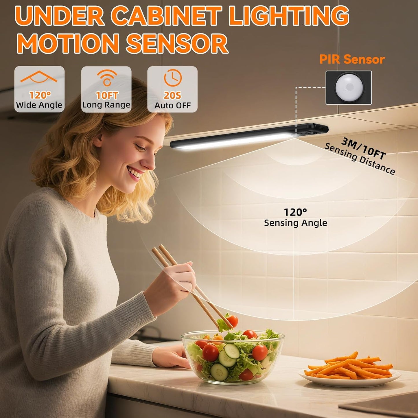 Under Cabinet Lighting Wireless, Rechargeable 10inch Motion Sensor Light Indoor, 3 Color Closet Light Battery Operated with LED Power Display, Magnetic Under Counter Lights for Kitchen (3Pack-Black)