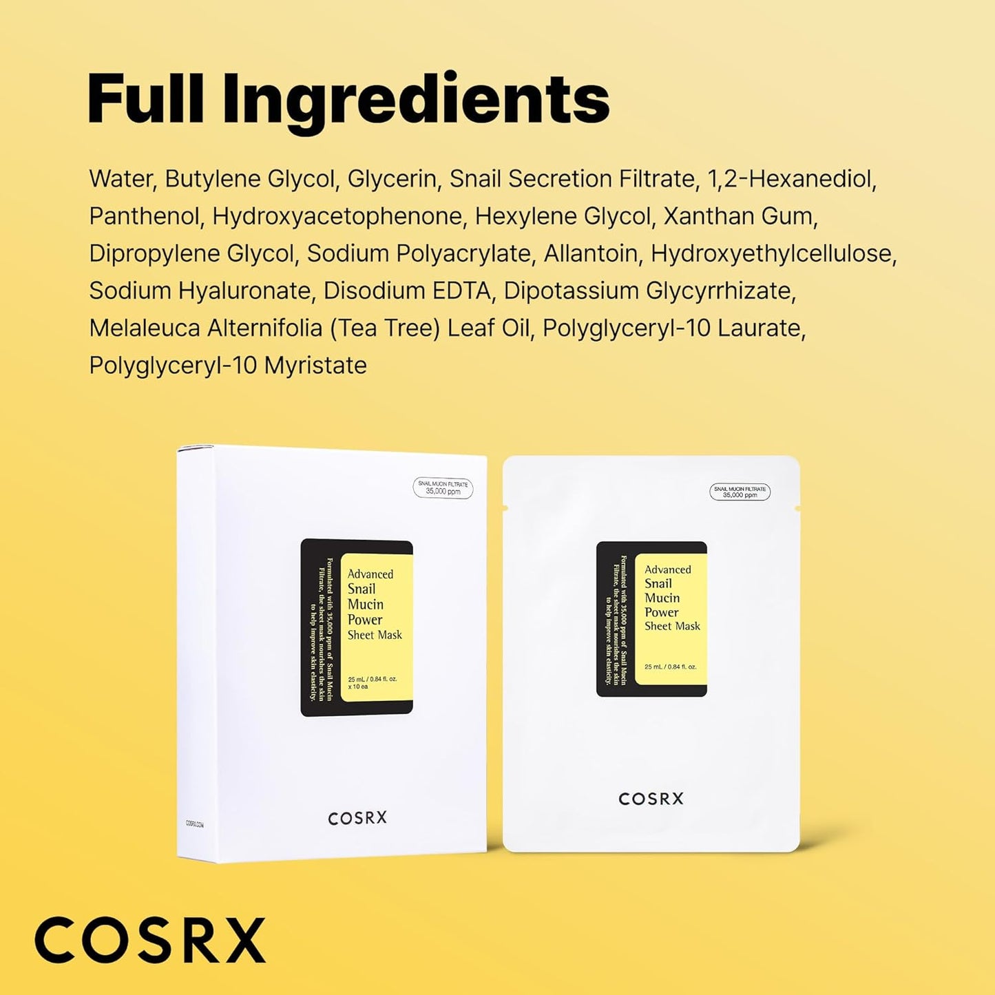 COSRX Snail Mucin Sheet Mask 10 EA with Snail Mucin Serum, Hydrating Face Sheet Masks for Dry & Sensitive Skin, Korean Face Mask, Korean Skin Care