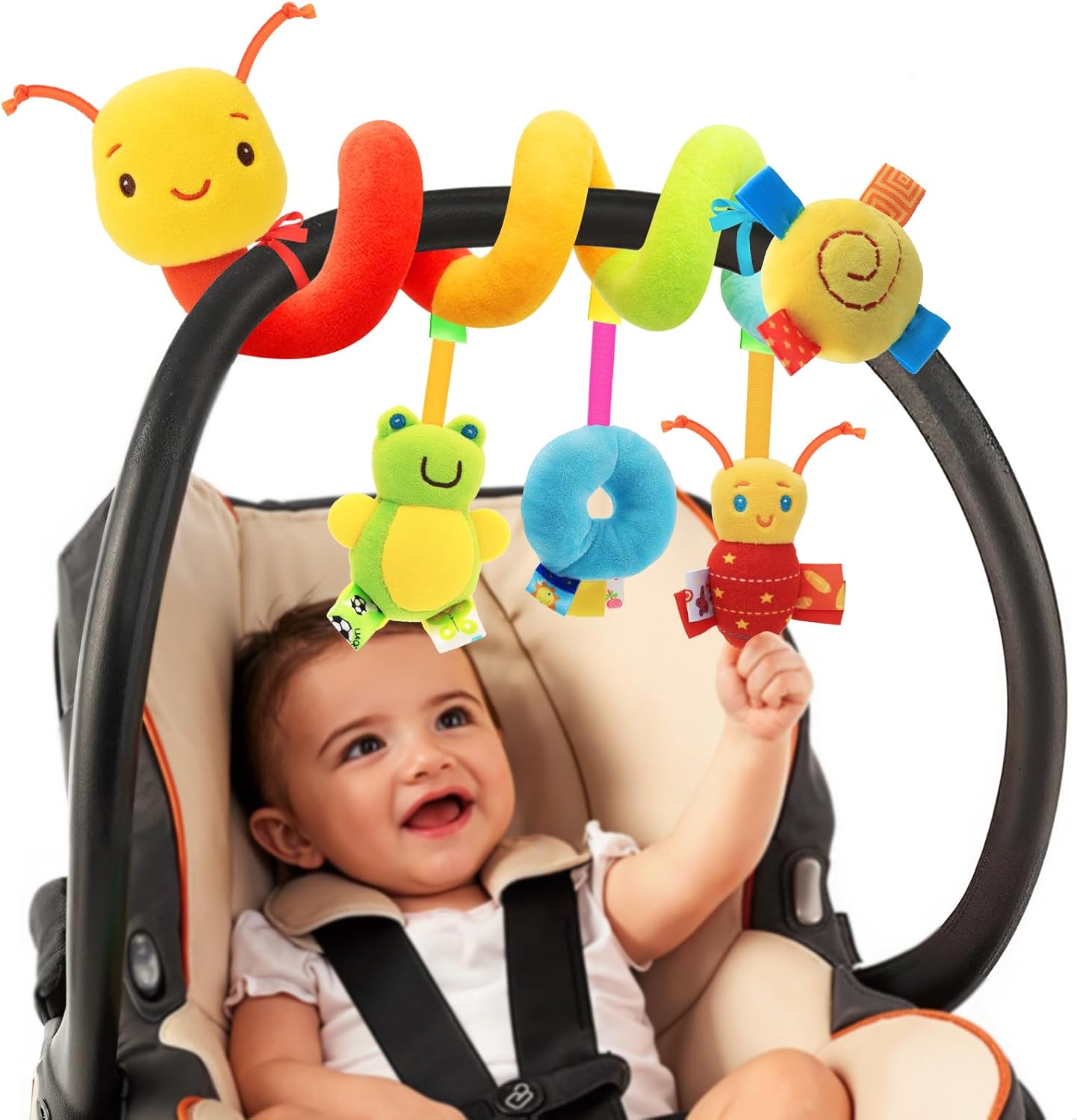 Spiral Car Seat Toys - Baby Sensory Soft Plush Hanging Toys for 0-12 Months Stroller Crib Accessories, Essentials for Expecting Moms & Baby Shower Registry Gift