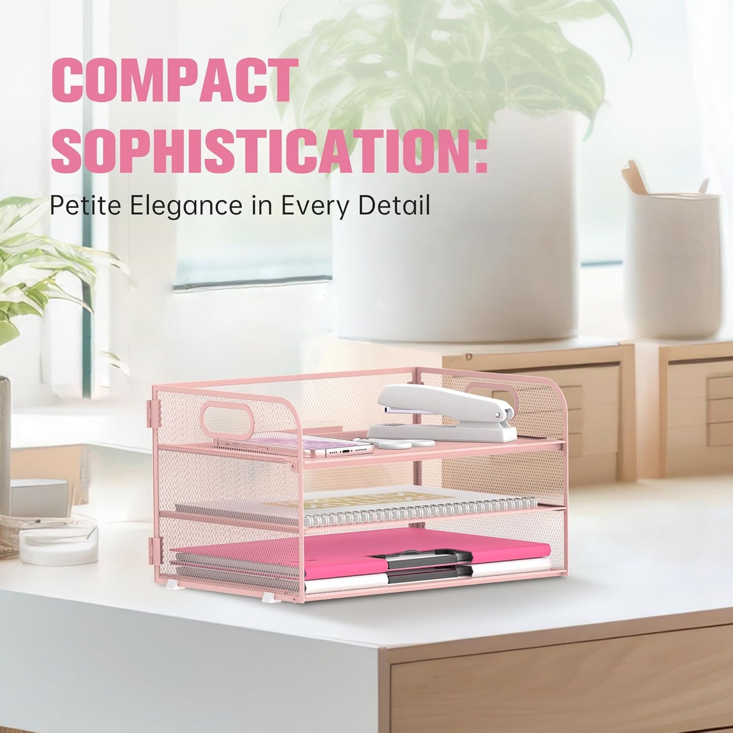 DALTACK 3 Tier Paper Organizer with Handle, Mesh Metal Desk Organizer with Sliding Paper Trays for Letter/A4 Paper, Mail, Bills & Folders, Pink