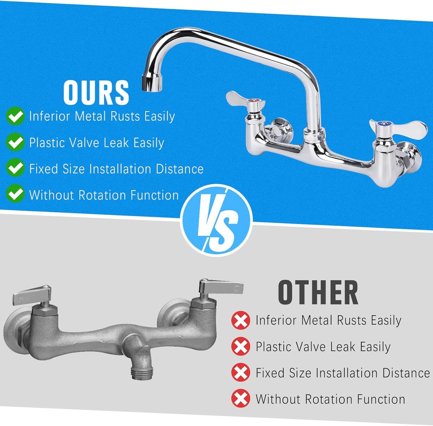 Wall Mount Kitchen Faucet 8" Center Commercial Sink Faucet with 8" Swivel Spout Dual Handles Brass Utility Sink Faucet for Laundry Room Restaurant Polish Chrome
