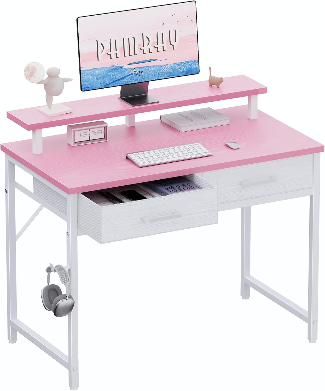 Pamray 32 Inch Small Computer Desk with Monitor Stand Home Office Desks with 2 Drawers for Bedroom Study Writing and Work Table for Small Spaces Grey