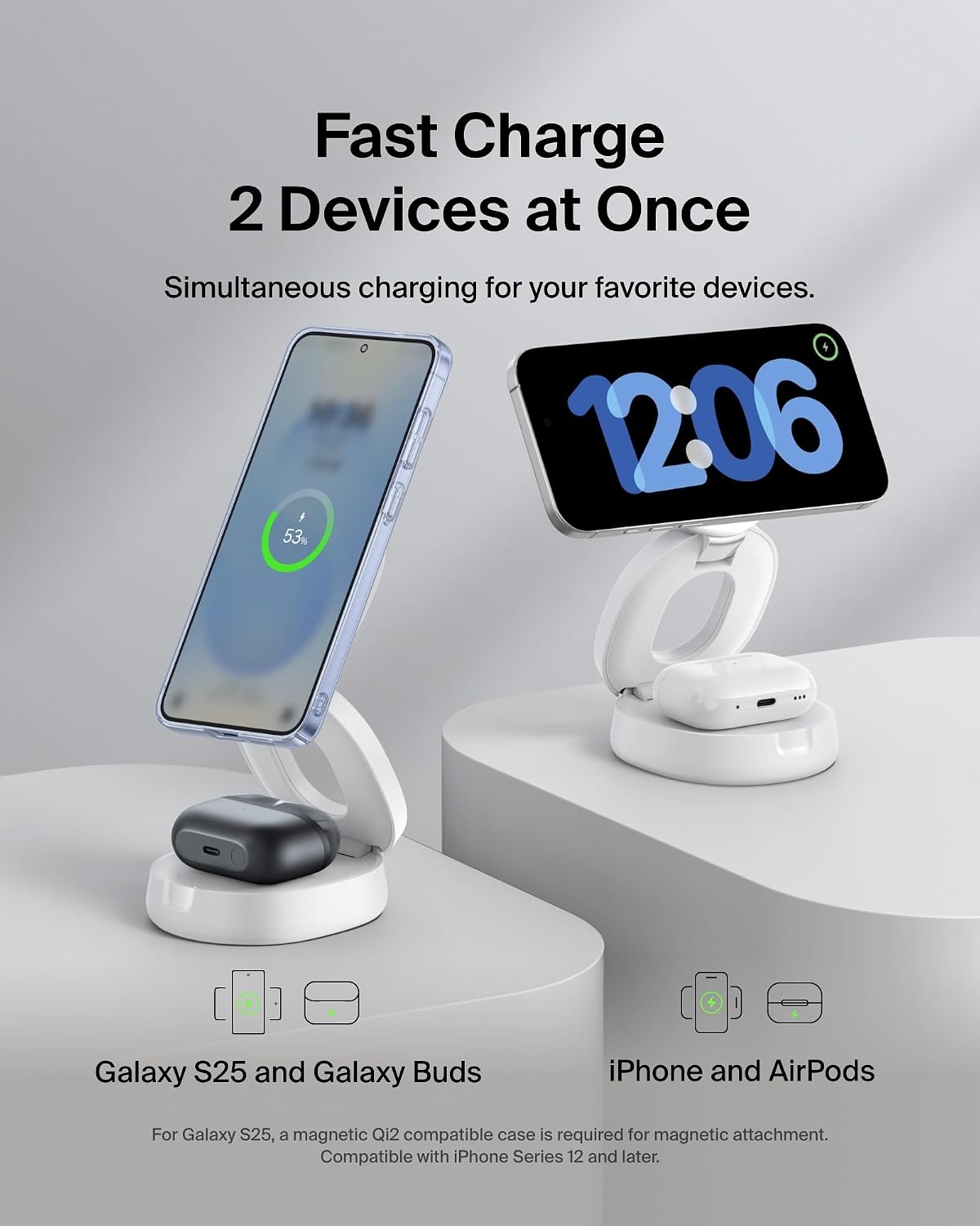 Belkin Qi2 15W Wireless Fast Charging Station, 2 in 1 iPhone Charger | Fast Charging, MagSafe Compatible, iPhone 17/16/15, AirPods, Travel Charger, Magnetic
