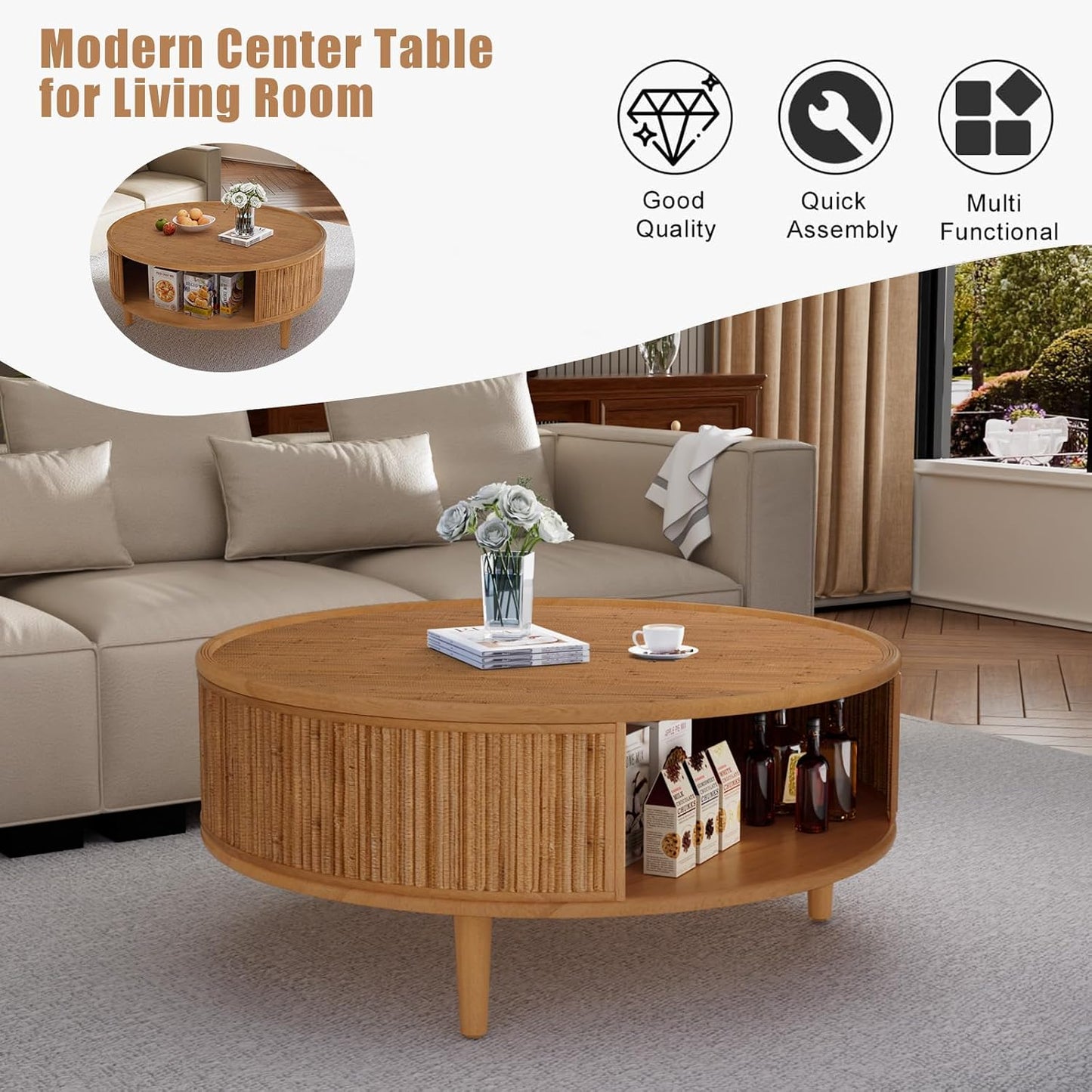 30.5" Bamboo Weaving Round Coffee Table with Storage（Light Brown） | Solid Wood Legs, Boho Accent Center Table for Living Room, Bedroom Apartment