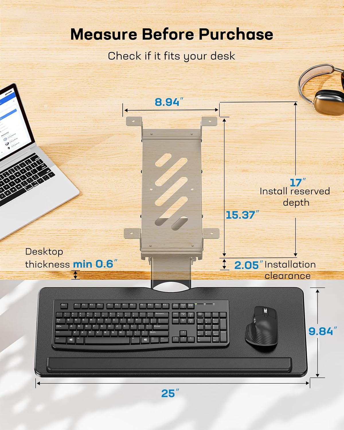 HUANUO Keyboard Tray Under Desk, Adjustable Ergonomic Keyboard & Mouse Tray, Flat Bottom Or Cross Beam Installation, Smooth Sliding Keyboard Holder for Typing in Home Office, Easy Setup, 25″W x 9.84″D