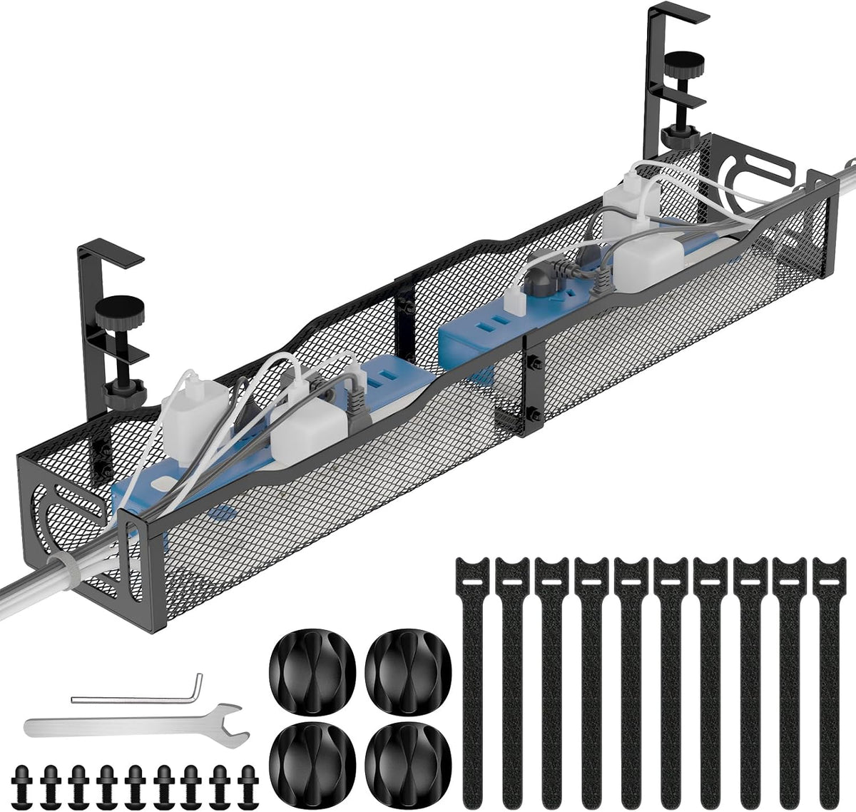 Under Desk Cable Management Tray, 15.7'' No Drill Steel Desk Cable Organizers, Wire Management Tray Cable Management Rack (2 Packs-Black)