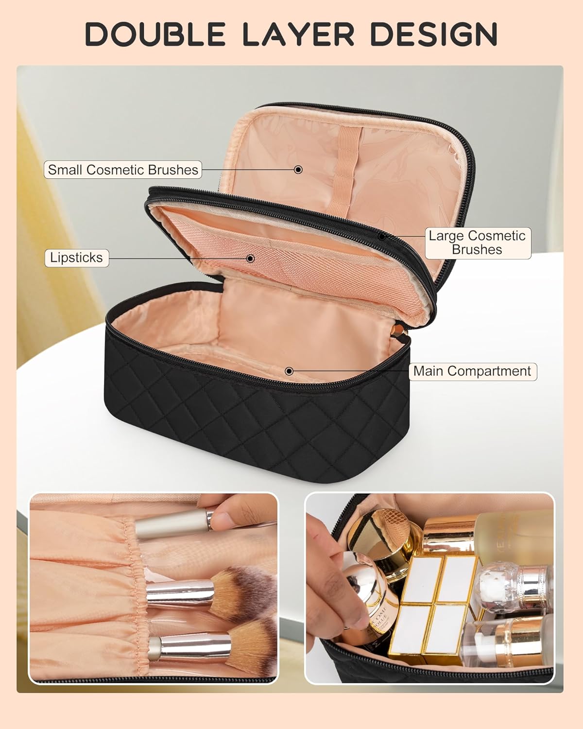 Relavel Small Makeup Bag, Travel Makeup Bag, Cosmetic Bag for Women, 2 Layer Makeup Organizer, Black Make Up Pouch Waterproof, Makeup Brush Holder, Durable Zipper (Black)