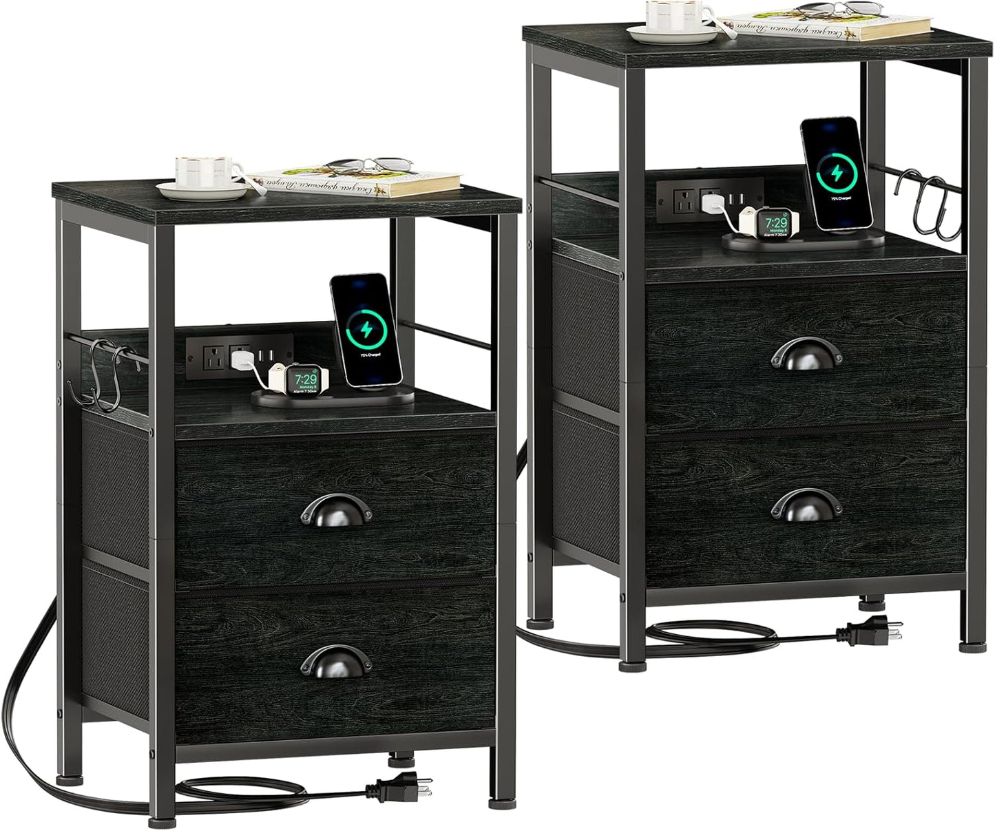 Furologee Nightstand with Charging Station, Black Night Stand with 2 Fabric Drawers, Side Table with USB Ports, End Table with Storage Shelf, for Living Room/Bedroom, Black Oak