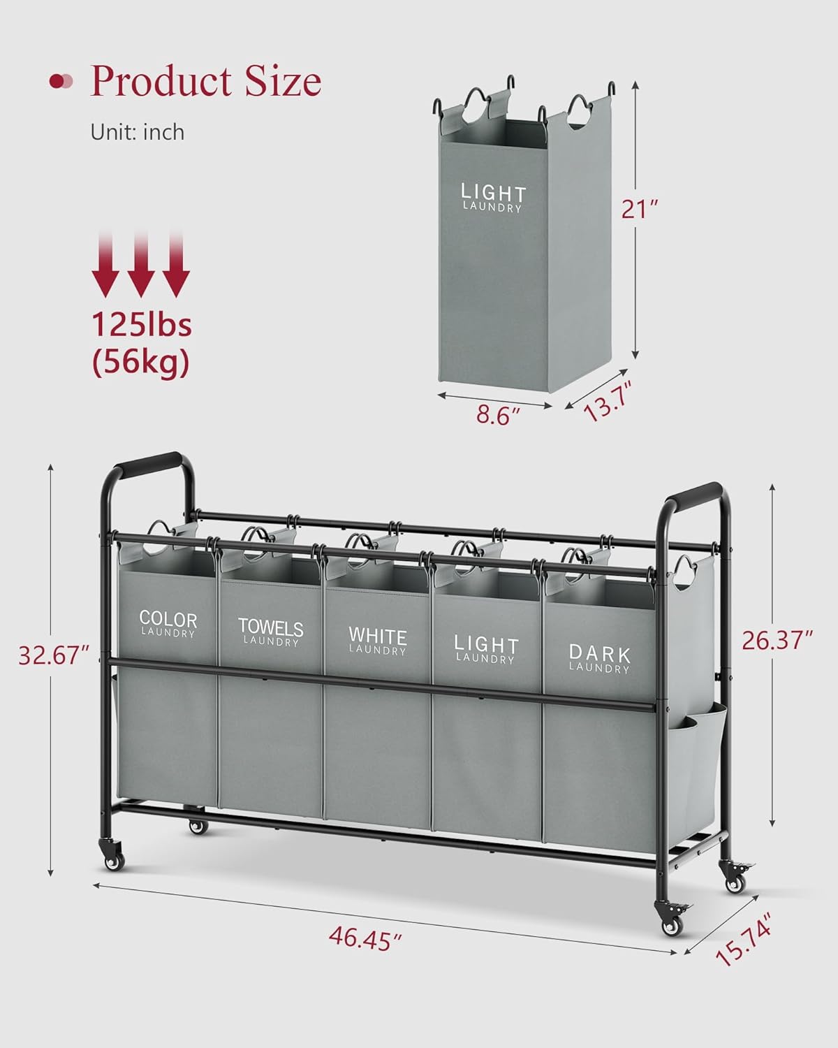 Tajsoon Laundry Sorter, Laundry Hamper 5 Section with Heavy Duty Rolling Lockable Wheels, Laundry Basket Organizer with Removable Bags for Dirty Clothes Storage, Grey