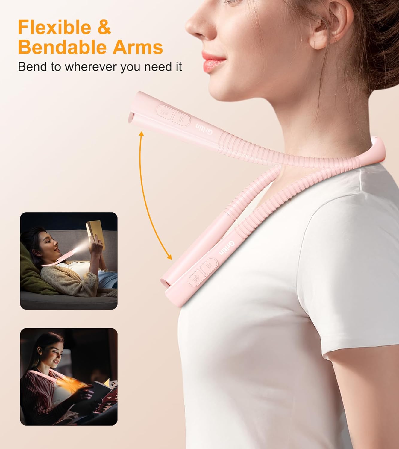 Gritin Book Light, Eye Caring 4-Color & 5-Brightness Neck Light Reading Light- Stepless Dimming,30-min Timer,80+ Hrs Runtime,Bendable Round Neck Design, Lightweight for Reading-Pink