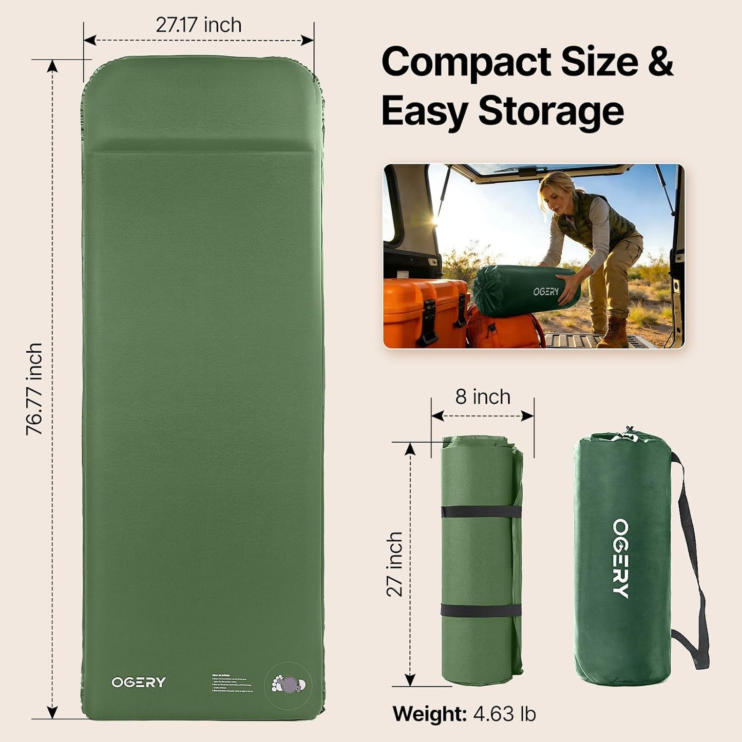 OGERY Self-Inflating Sleeping Pad with Built-in Foot Pump, 3" Memory Camping Mattress Pad, Quiet & 9.5 R-Value Insulated Sleeping Mat Camping Essential Gear for Car Tent Camping