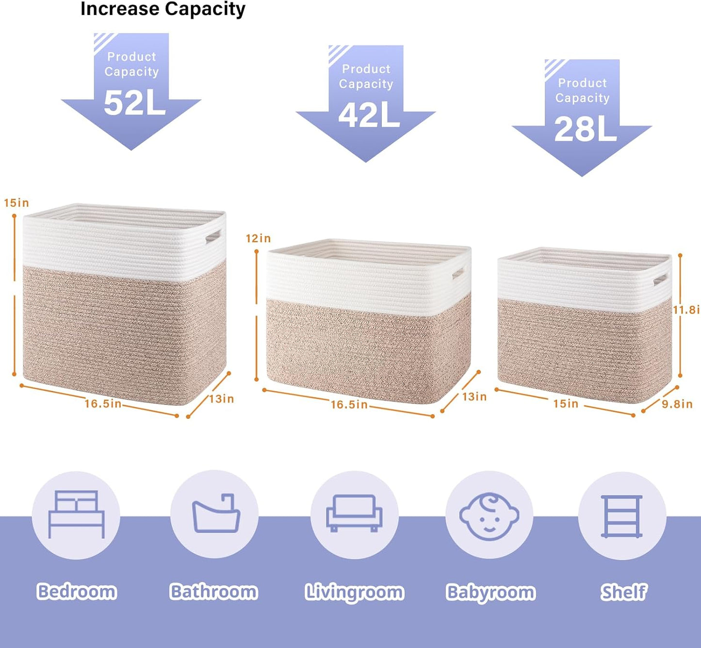 OIAHOMY 2 PACK Tall Storage baskets 42L Blanket Basket Living Room Brown | Large Collapsible Storage Bins Narrow Basket Baskets for Closet Organization Storage Baskets for Shelves Toy Storage Basket