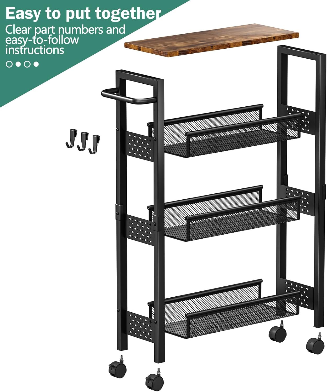 Vivihomety Utility Slim Storage Cart with Wheels, 4 Tier Small Rolling Cart with Wood Top, Metal Kitchen Bathroom Laundry Room Organization Trolley with Handle for Narrow Space – Black
