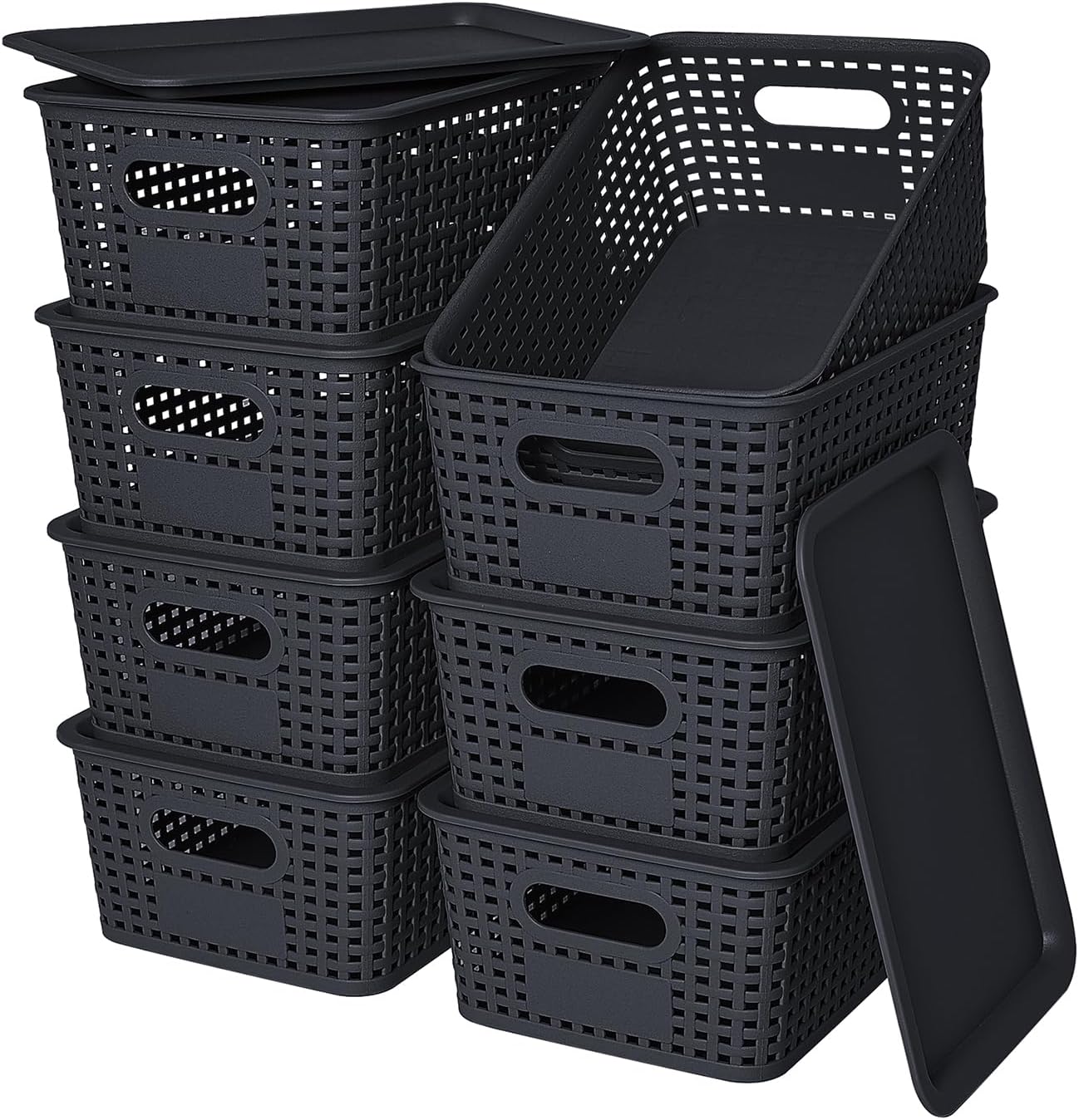 Ohmlove 8 Pack Plastic Storage Baskets with Lids for Organization | Stackable Storage bins, Storages Baskets for Organizing Shelves Drawers Desktop Closet Playroom Classroom Office, Black