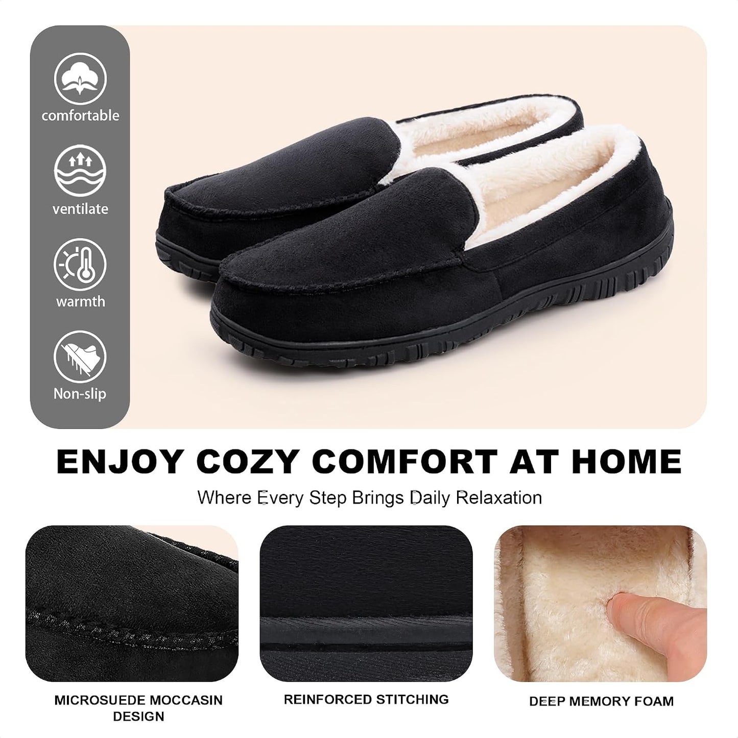 shoeslocker Men's Slippers Indoor Outdoor Warm Soft Plush Memory Foam House Slippers for Men Comfortable Bedroom Moccasin Slipper Non-Slip