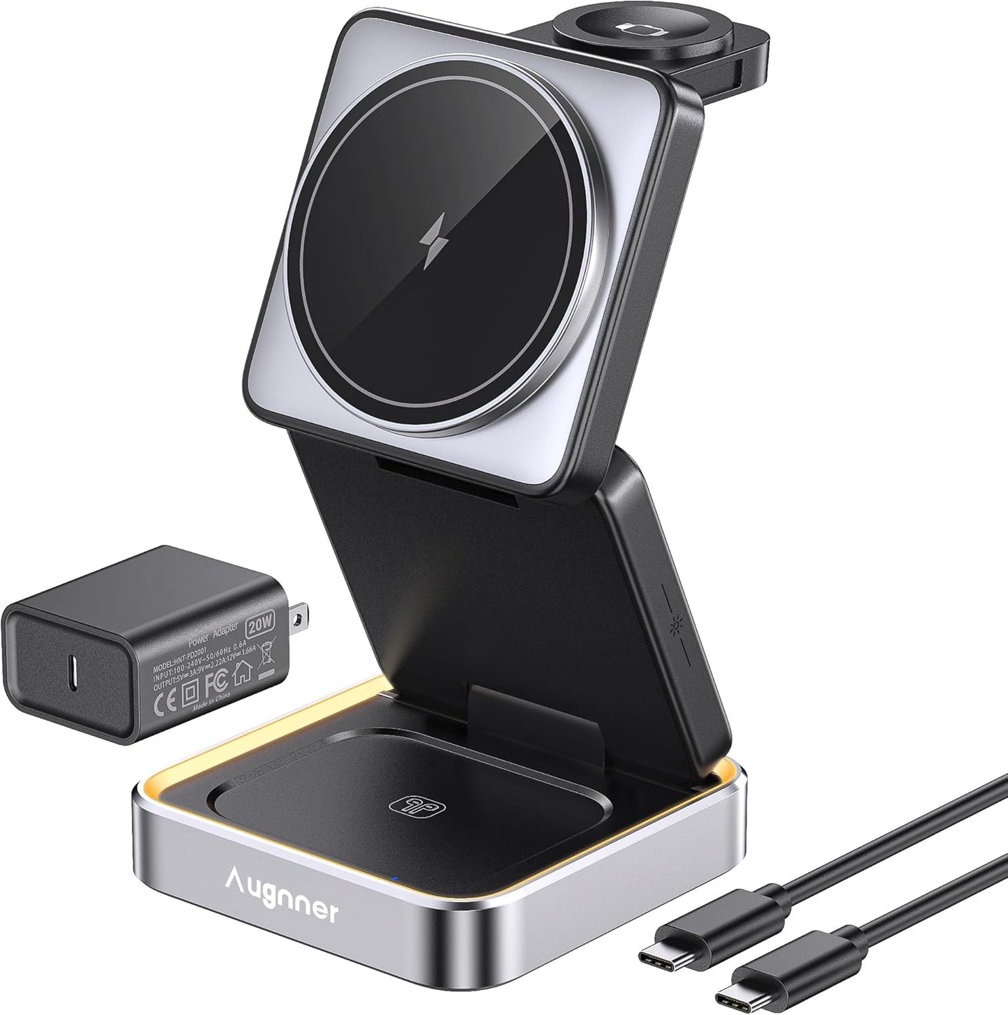 【2026 Upgraded】 Wireless Charger 3 in 1, Foldable Wireless Charging Station with Light for Apple Magnetic Charger, Travel Magnetic Charger Stand, Nightstand Fast 15W Charging Station (20W Adapter)