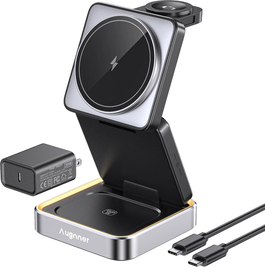 【2026 Upgraded】 Wireless Charger 3 in 1, Foldable Wireless Charging Station with Light for Apple Magnetic Charger, Travel Magnetic Charger Stand, Nightstand Fast 15W Charging Station (20W Adapter)
