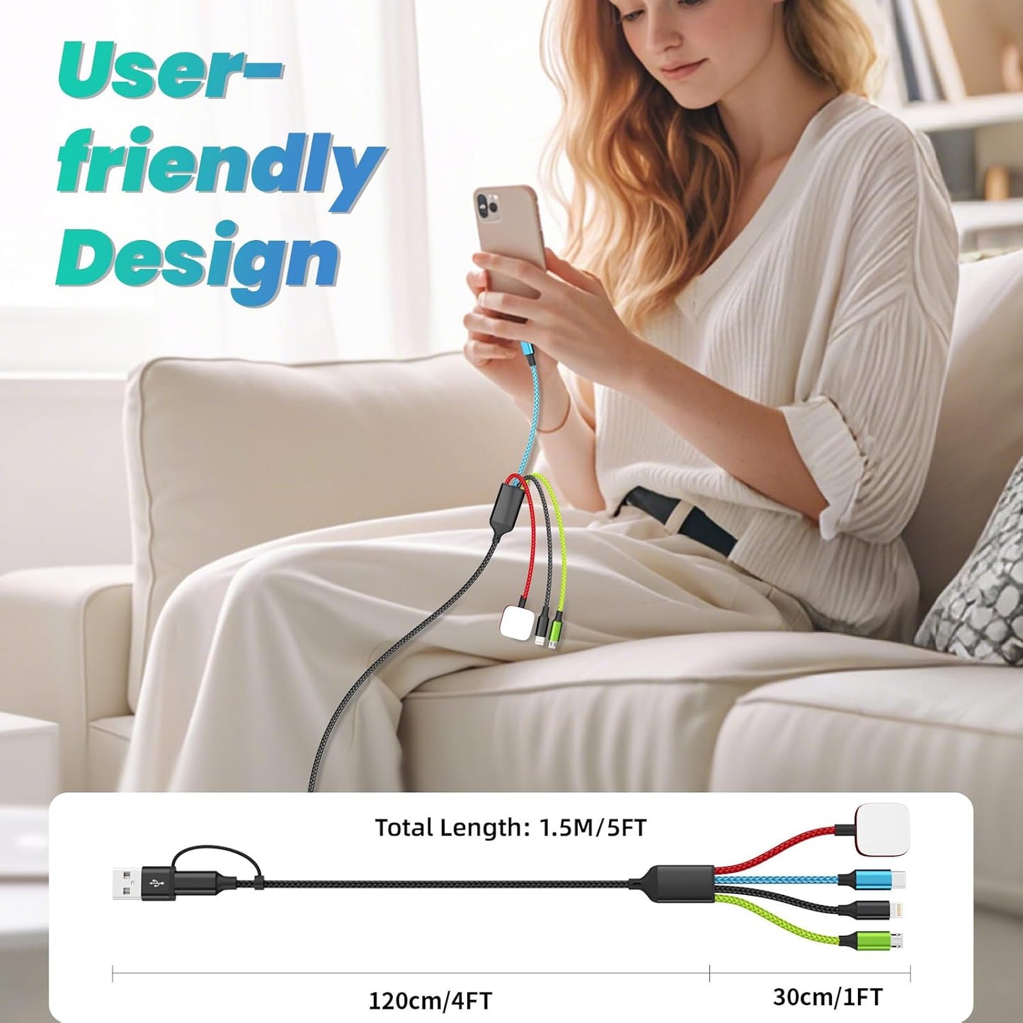 Travel Essentials 2026 4-in-2 Multi Charging Cable with iWatch Charger [2Pack 5FT], Nylon Charging Cords, USB C USB A Phone Charger for Multiple Devices, Cruise Essentials Car Accessories