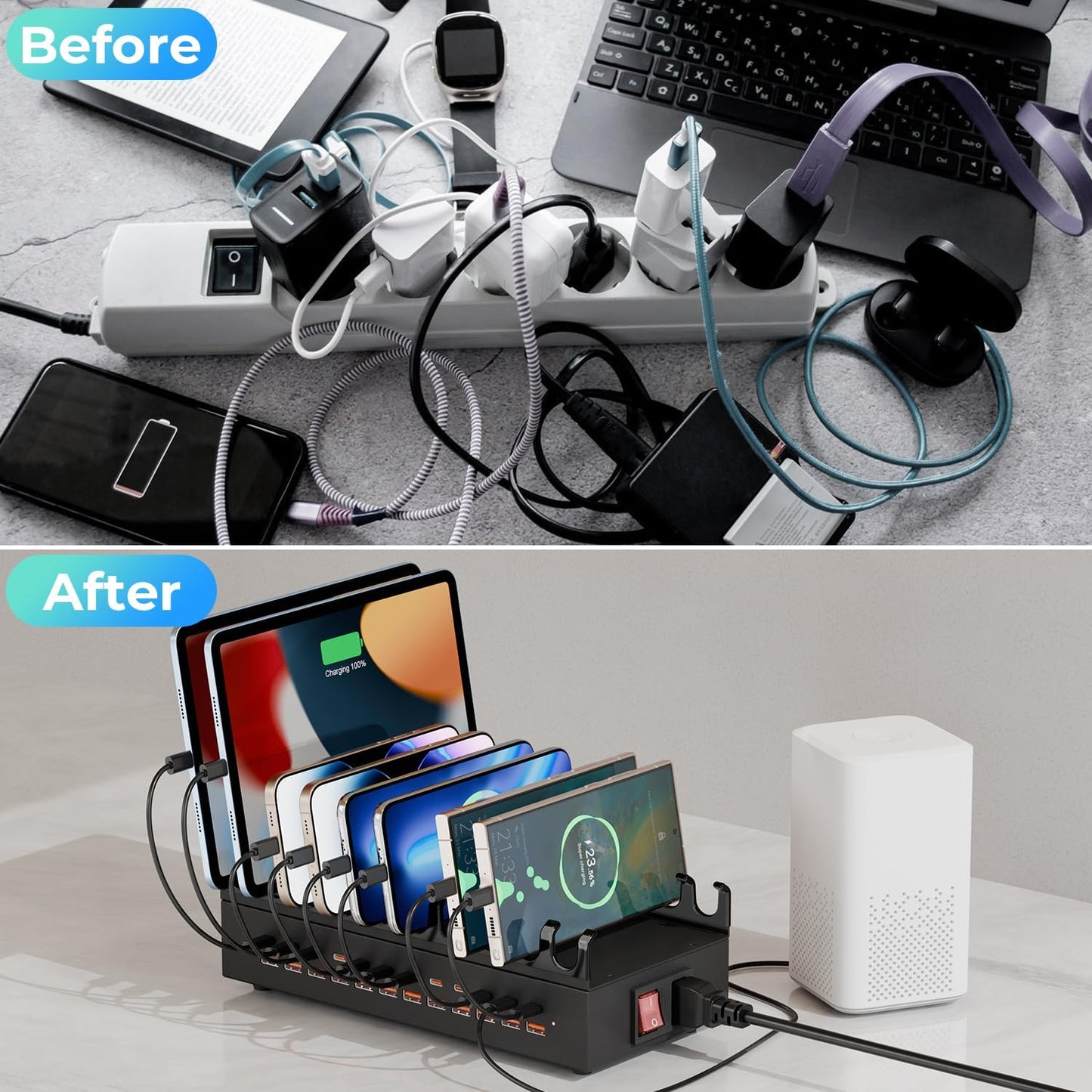 300W Charging Station for Multiple Devices, 24 Ports USB Fast Charging Station, Charger Station Organizer Compatible with Kindle, Phone, Tablet, iPad, Charger Station for Home, Office, School