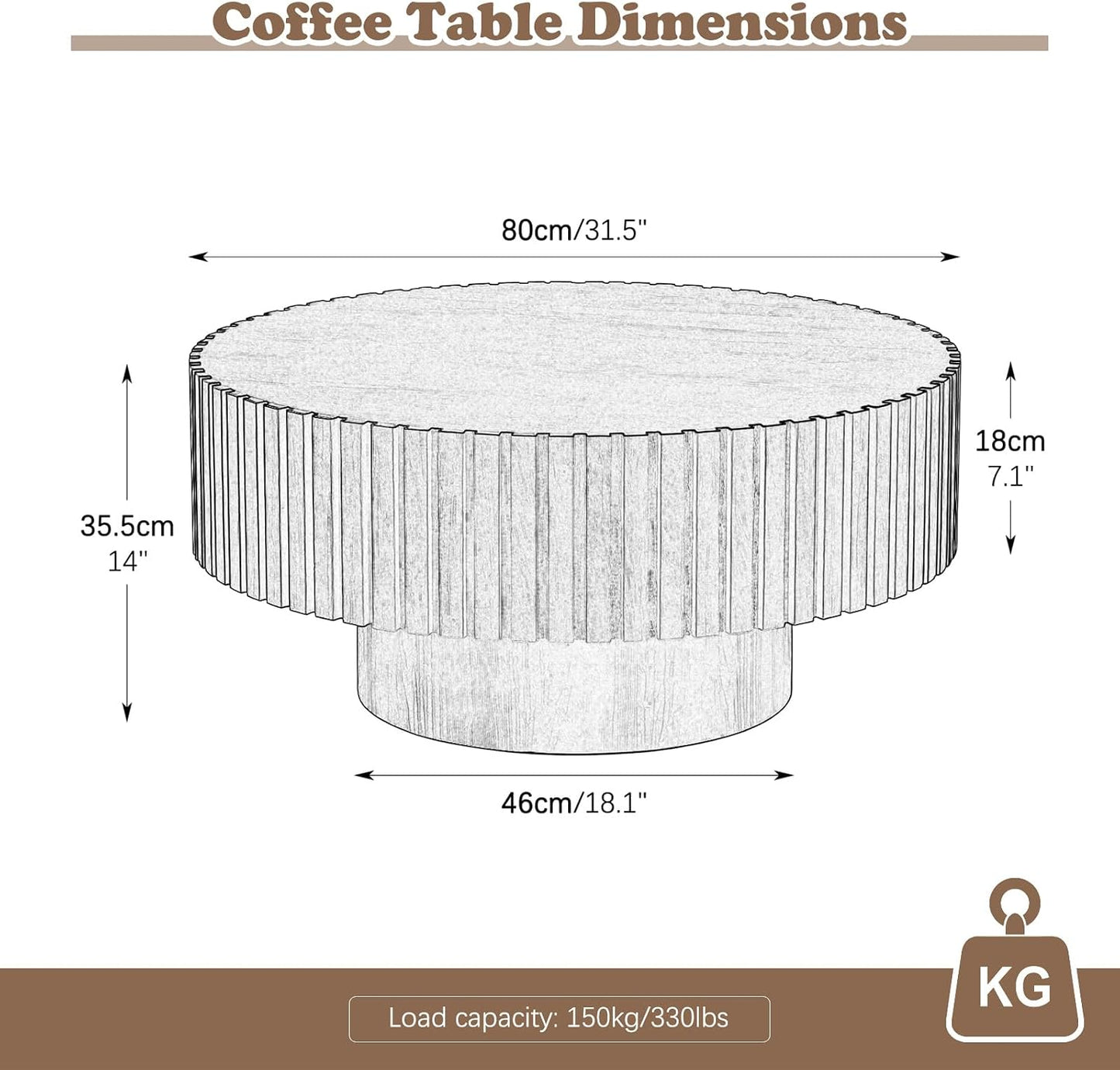 31.5" Modern Round Coffee Table (Round Black) | Contemporary Circle Fluted Center Table, Solid Wood Relief, Vintage Wooden Accent Table, For Living Room, Small Spaces
