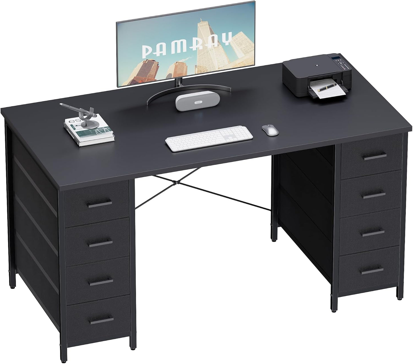 Pamray 47 Inch Computer Desk with 8 Fabric Drawers PC Gaming Desk Home Office Study Work Writing Table for Bedroom Vintage
