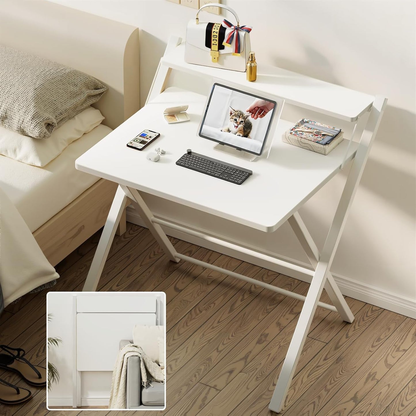 GreenForest No Assembly Folding Desk, 2-Tier Compact Computer Desk with Shelf, Space Saving Foldable Table for Home Office, Dorm or Apartment, Portable Collapsible Sturdy Laptop Desk, White