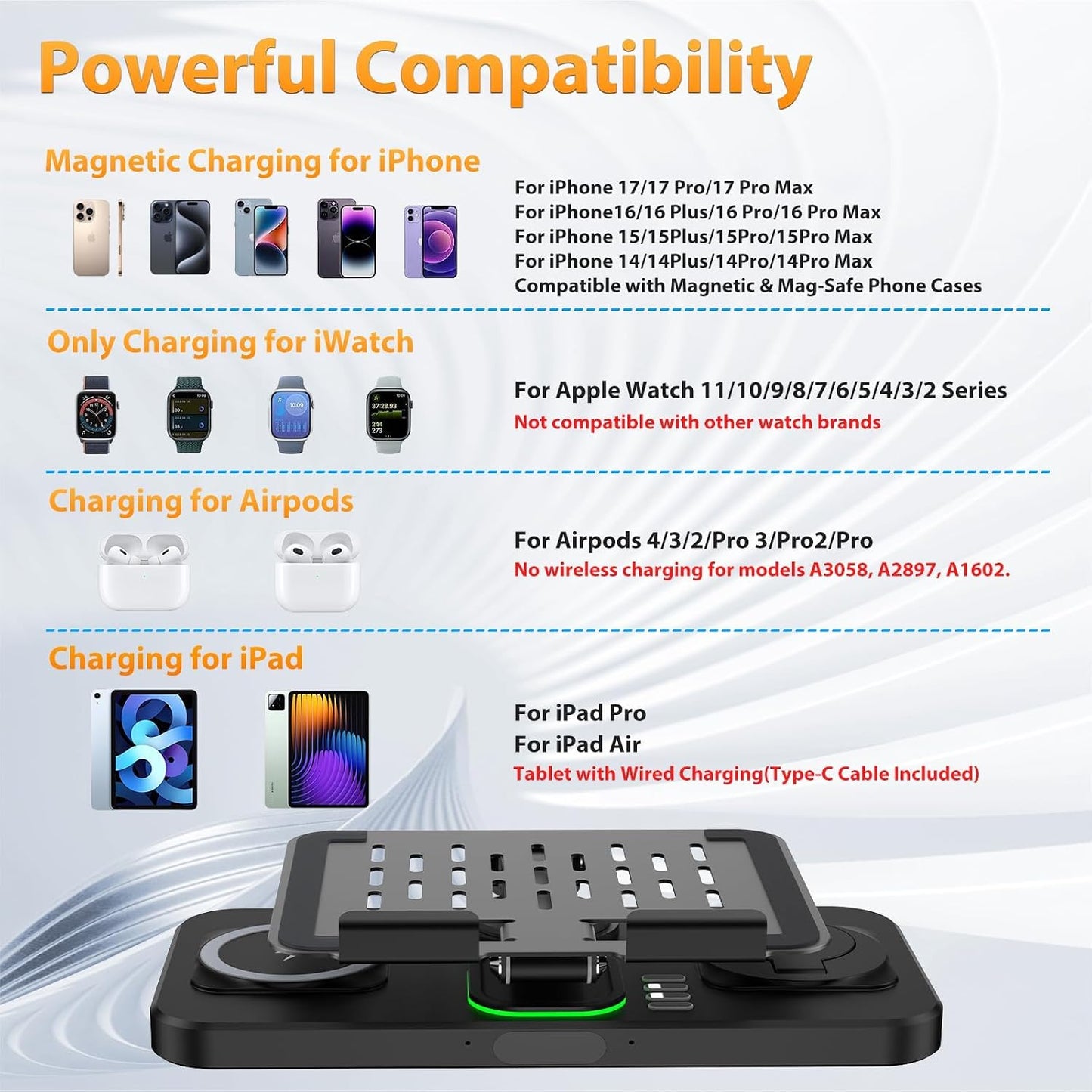 Wireless Charging Station for Apple Devices, Only for Apple Watch Charging | Included Type-C Cable for Tablet Charging, Foldable Wireless Charging Station, 7 Cycling Ambient Lights, Time Clock Display