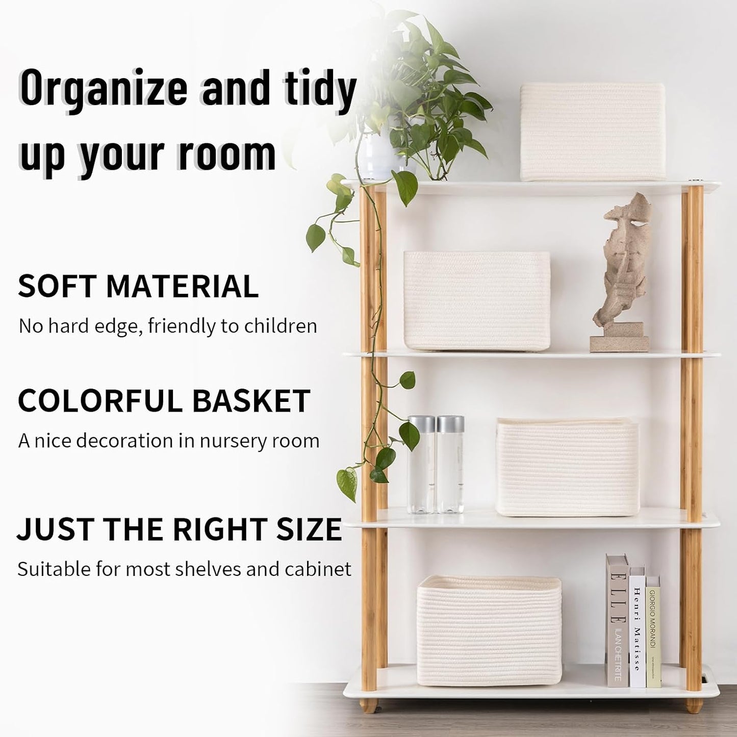 4 Pack Storage Baskets for Organizing Toys, Towels, and Clothes, Woven Basket for Shelves, Sturdy Nursery Cube Bins for Storage, 13''L x9''W x7.8''H, White