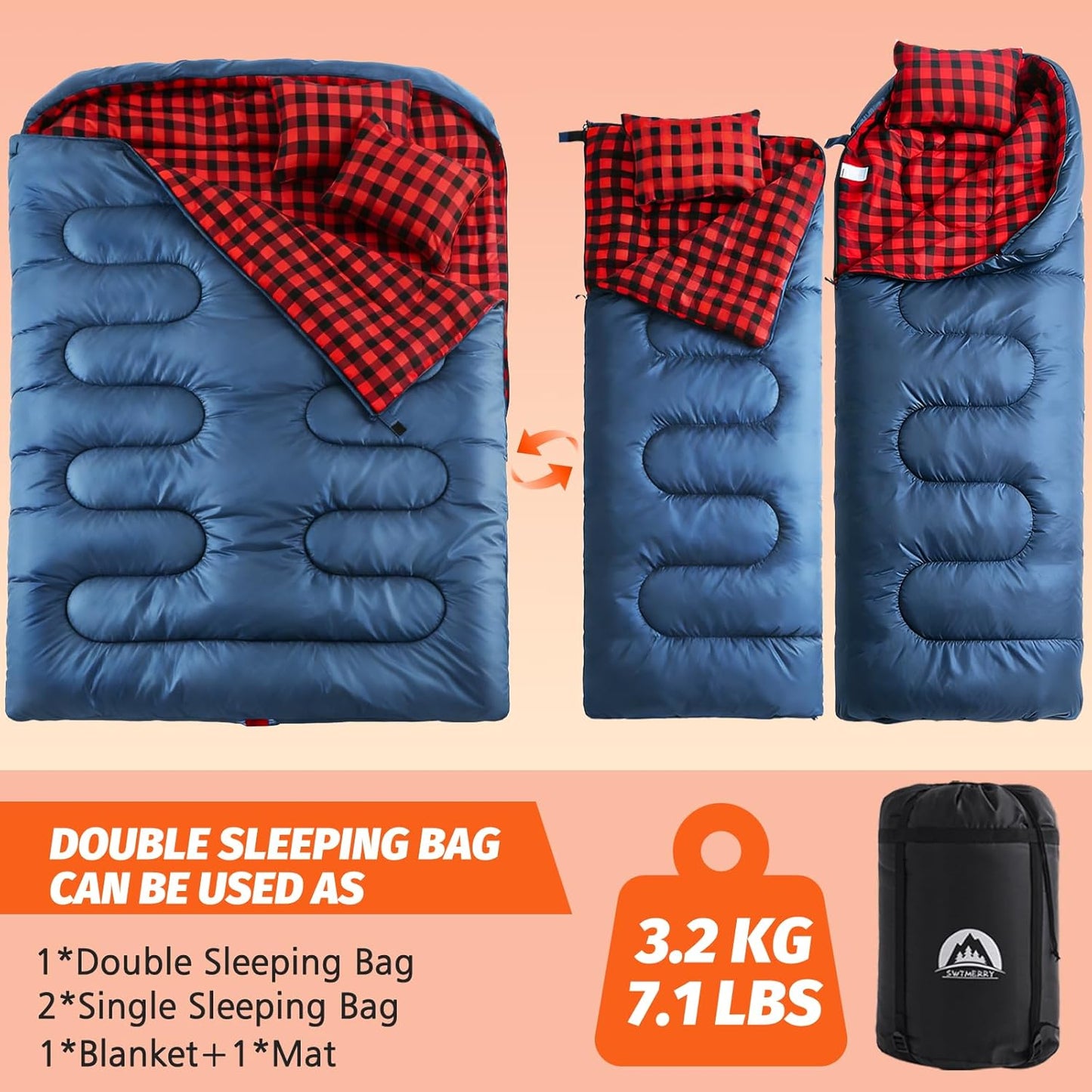 Swtmerry Double Sleeping Bag for Adults with 2 Pillows, Big&Tall XL Queen Size Sleeping Bag for 2 Person, Waterproof 2 Person Sleeping Bags for 3 Seasons,Cold Weather&Warm,Camping,Hiking & Backpacking
