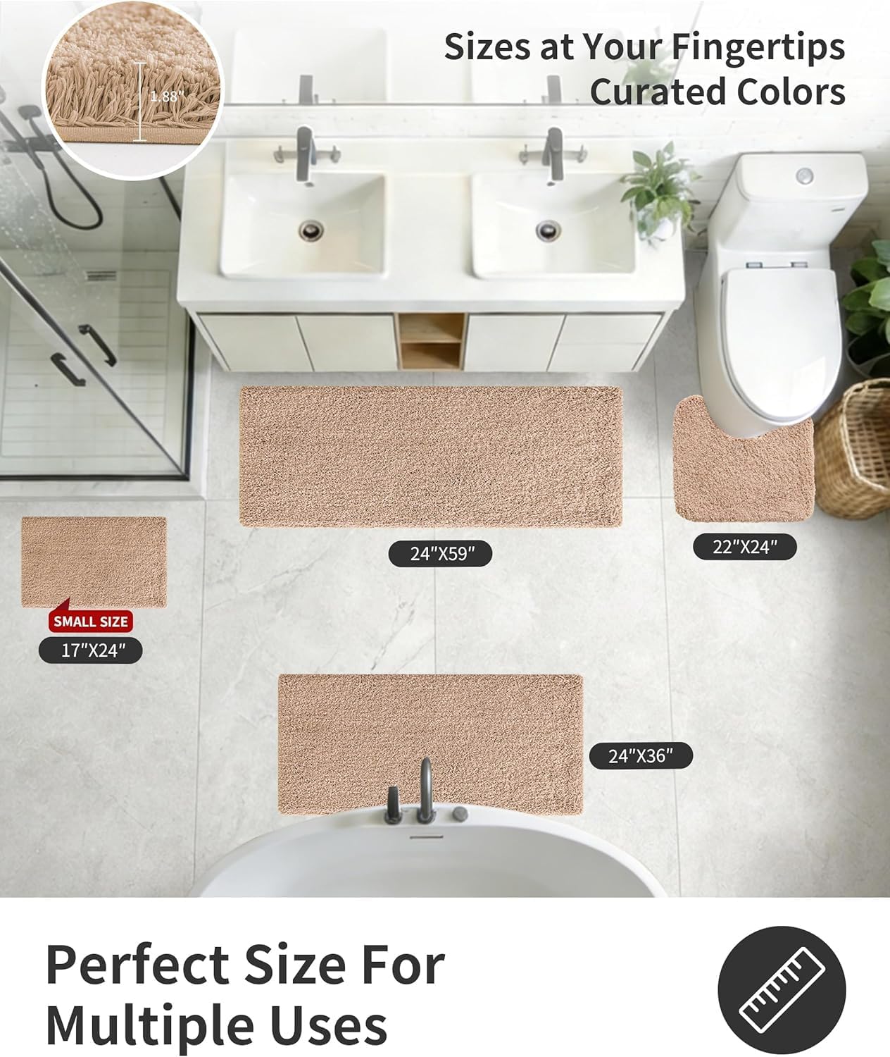 ILANGO Beige Bathroom Rugs 32" × 20" Non Slip & Super Absorbent Extra Thick Soft, Washable Bath Mat for Floor, Microfiber Plush Shaggy Bath Rug with Rubber for Bathtub Shower Room Sink