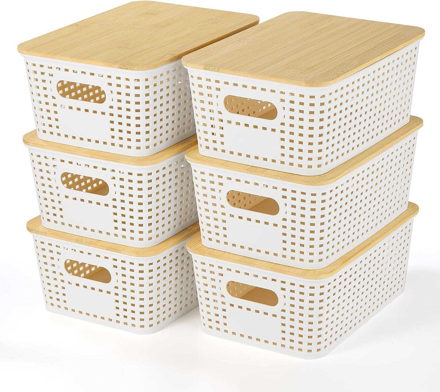 Ohmlove 6 Pack Plastic Storage Baskets with Bamboo Lids for Organization | Stackable Storage bins, Storages Baskets for Organizing Shelves Drawers Desktop Closet Playroom Classroom Office,Black