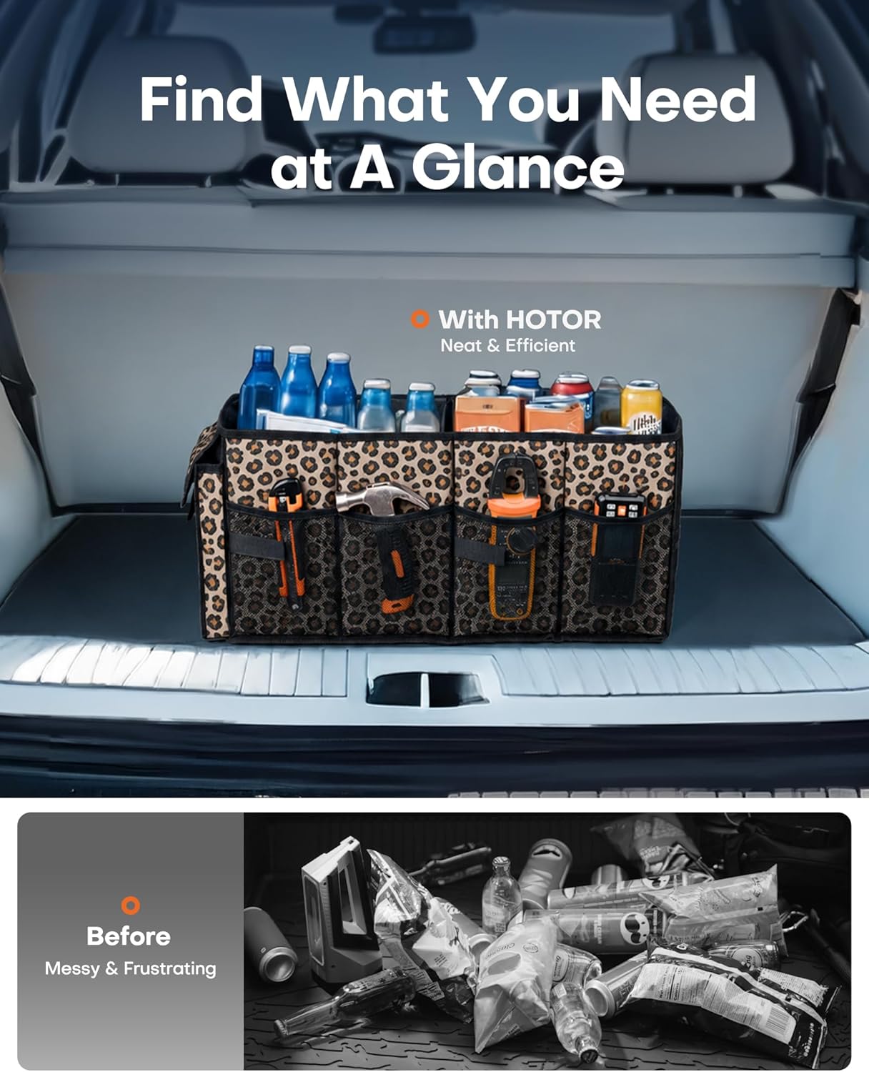 HOTOR Trunk Organizer - Car Organizer, Foldable Trunk organizer for SUVs & Sedans, Sturdy Car Organization for Car Accessories, Tools, Sundries, Brown Leopard, 2 Compartments, 21.3"×12.6"×10.6"