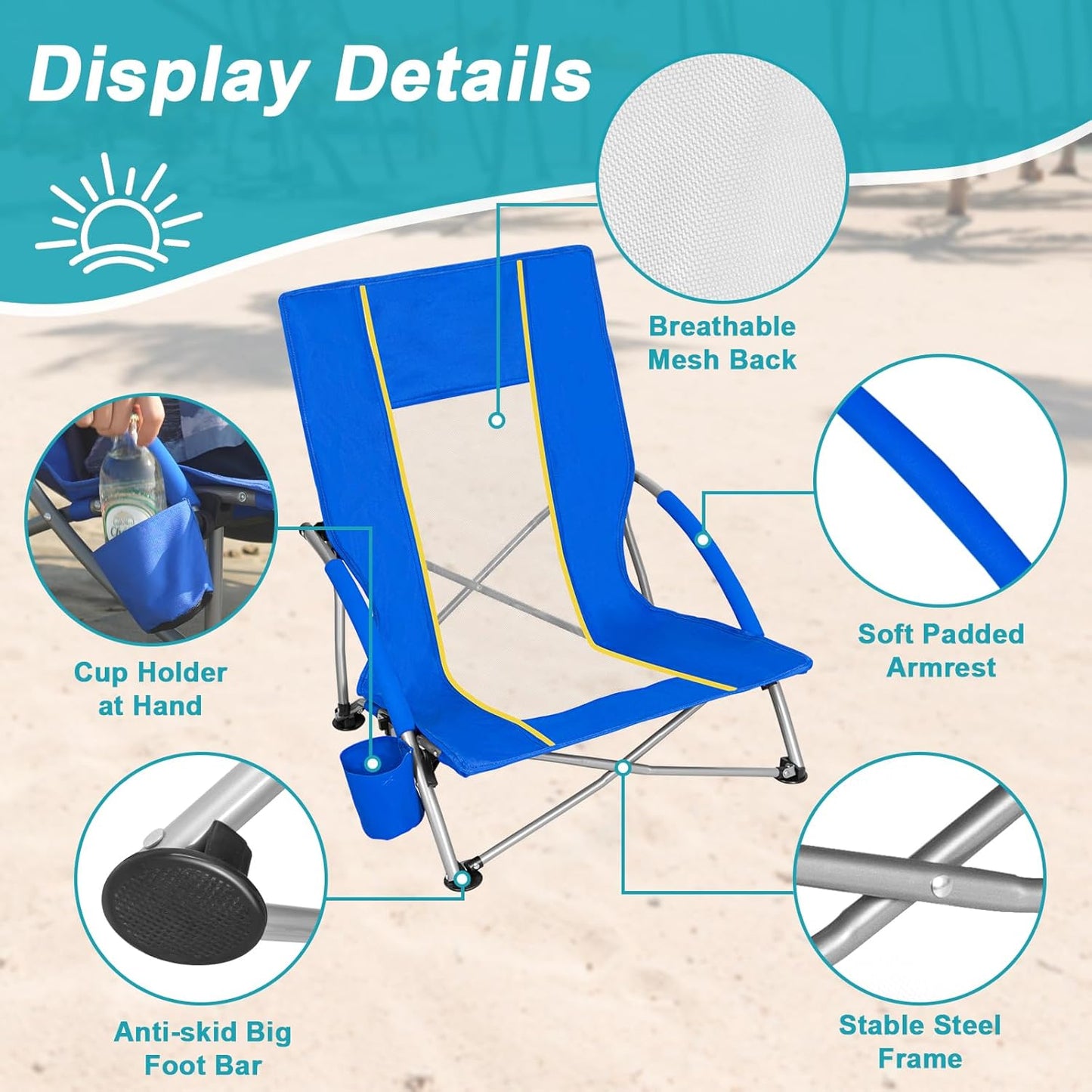 Romswi 2 Pack Lightweight Low Beach Chairs with Breathable Mesh Back, 6LBS Folding Portable Sand Chairs with Cup Holder, Heavy Duty 400lbs Capacity for Camping & Outdoor Use, Blue